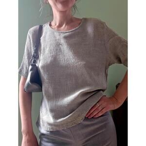 Vintage textured short sleeve top shirt blouse shirt S M neutral gray spring USA
